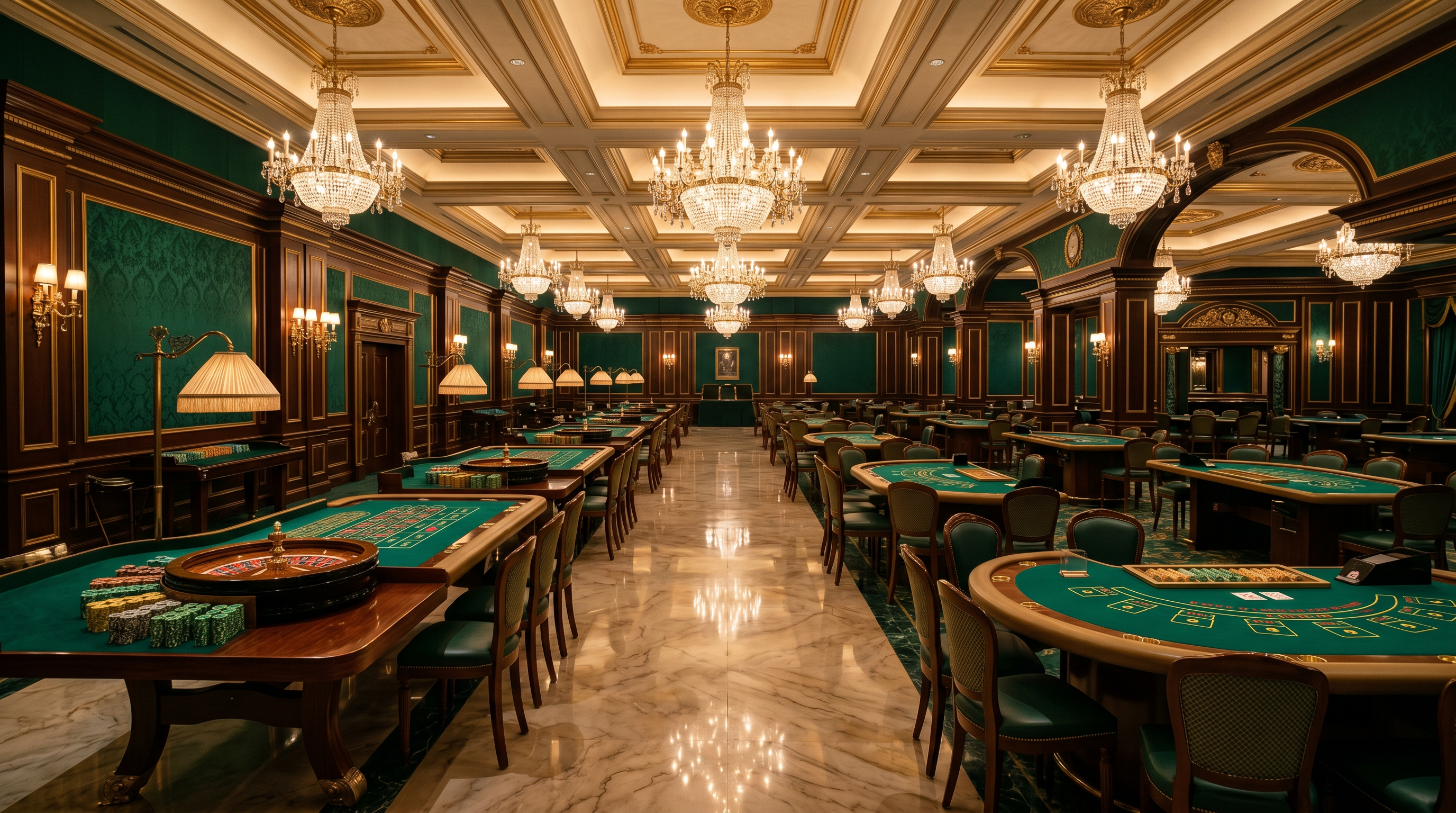 Elegant casino gaming floor at BestRankingHub with chandeliers
