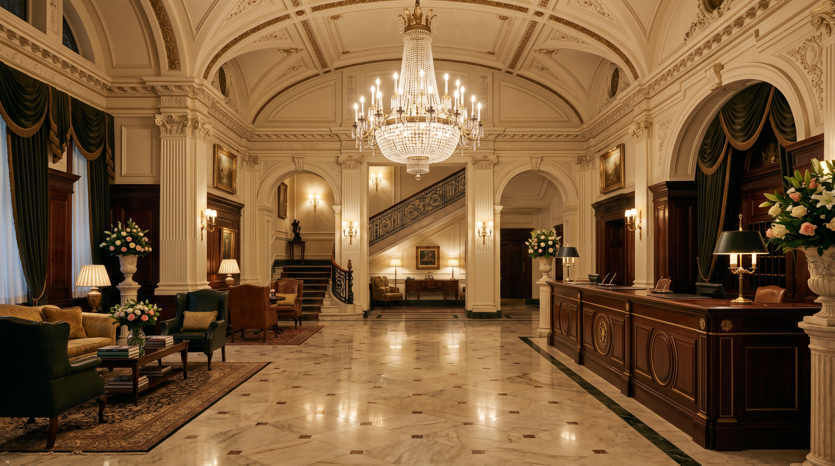 Marble hotel lobby with chandelier at BestRankingHub